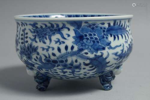 A JAPANESE BLUE AND WHITE PORCELAIN FOOTED BOWL, the exterio...