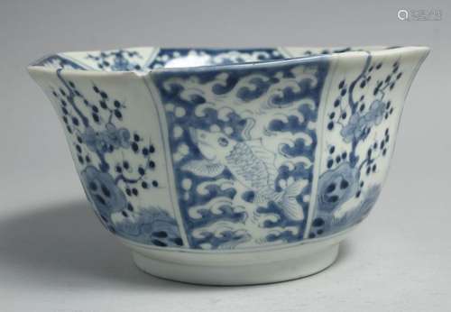 A JAPANESE BLUE AND WHITE ARITA PORCELAIN OCTAGONAL FORM BOW...