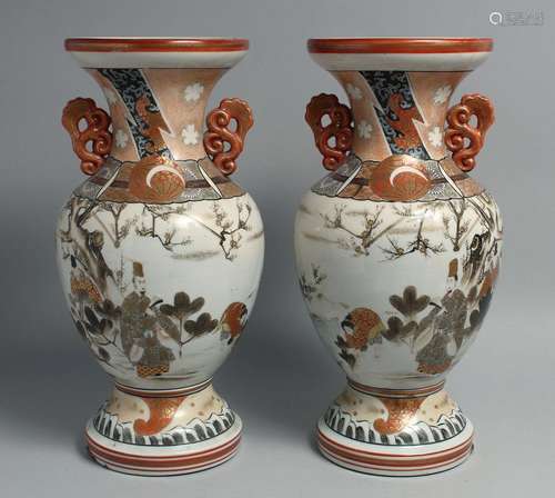 A PAIR OF JAPANESE KUTANI PORCELAIN TWIN HANDLE VASES, paint...