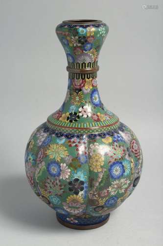 A JAPANESE GREEN GROUND CLOISONNE VASE, decorated with multi...