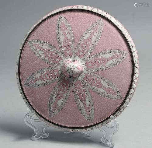 A CHINESE PINK GROUND ENAMELLED METAL CIRCULAR MIRROR, 16.5c...