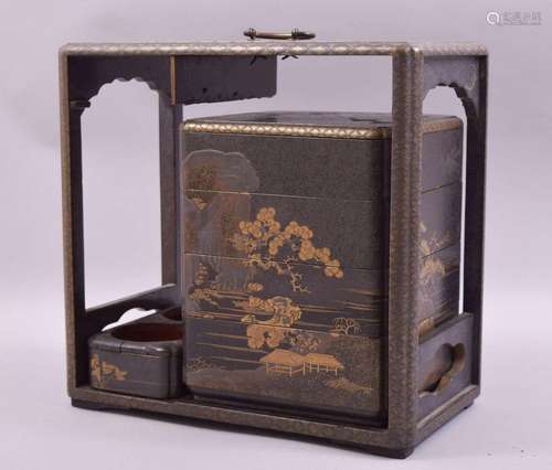 A 19TH CENTURY JAPANESE LACQUER PICNIC BOX with gilt decorat...