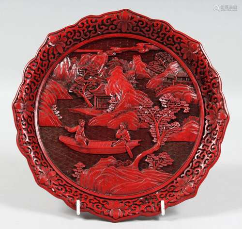 A CHINESE CINNABAR LACQUER DISH, depicting a scene with fema...