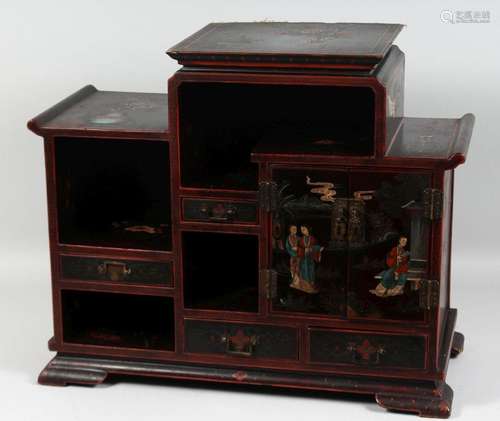 A 19TH CENTURY CHINESE LACQUERED WOOD CABINET, comprising tw...