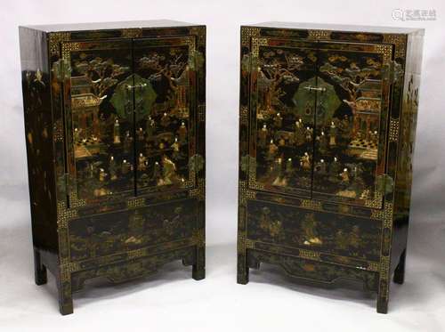 A PAIR OF CHINESE BLACK LACQUER HARDWOOD CABINETS, the hinge...