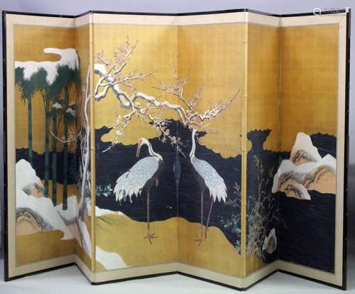 A JAPANESE LATE MEIJI SIX PANEL FOLDING SCREEN, with gold pa...