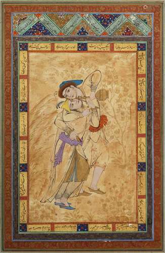 A PERSIAN PAINTED MINIATURE ON PAPER, the border with bands ...