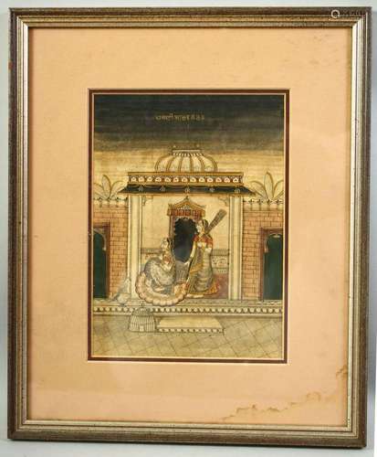 AN INDIAN MINIATURE PAINTING, depicting a scene with female ...