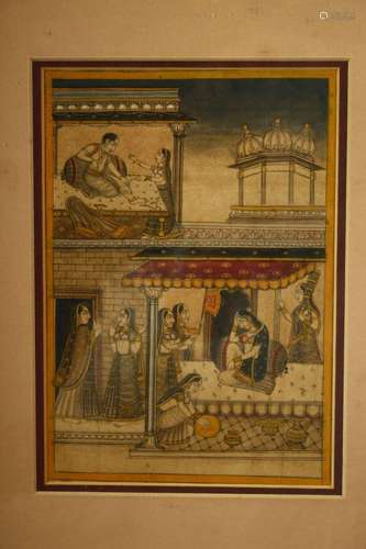 AN INDIAN MINIATURE PAINTING, depicting a scene with many fe...