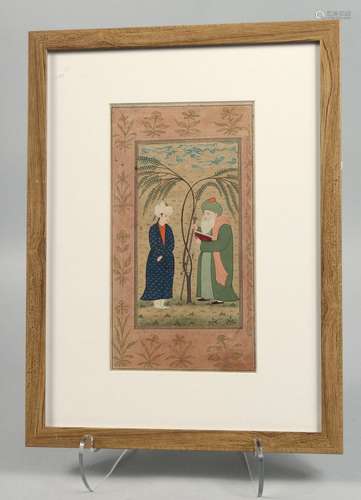 A PERSIAN SAFAVID MINIATURE PAINTING ON PAPER, depicting two...