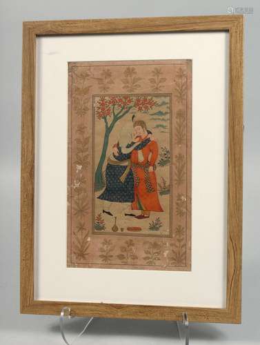 A PERSIAN SAFAVID MINIATURE PAINTING ON PAPER, depicting two...