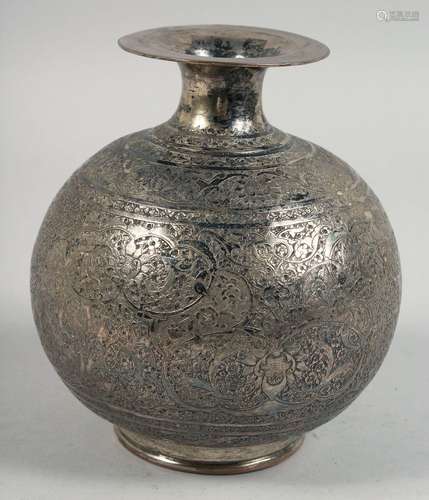 A PERSIAN QAJAR SILVER BULBOUS VASE, with finely engraved fl...