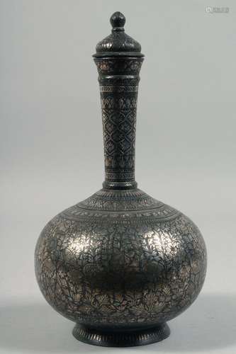 A FINE 19TH CENTURY INDIAN BIDRI SILVER INLAID LIDDED SURAHI...