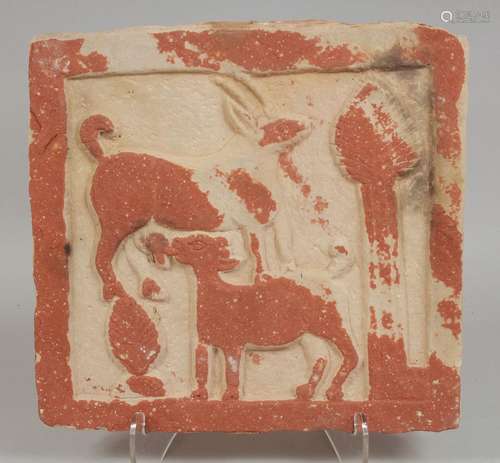 A RARE EARLY INDIAN ENGRAVED RED STONE TILE, possibly Kushan...