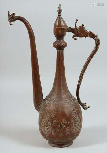 A FINE 18TH CENTURY PERSIAN SAFAVID COPPER EWER, with stylis...