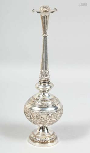 A LARGE INDIAN SILVER ROSEWATER SPRINKLER, the body with emb...