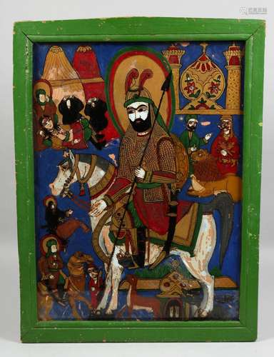 A FRAMED PERSIAN REVERSE GLASS PAINTING, depicting a figure ...