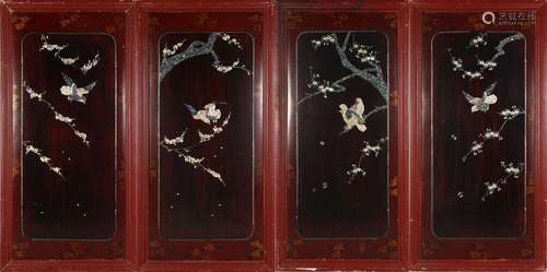 FOUR MOTHER OF PEARL AND ABALONE INLAID LACQUERED WOOD PANEL...