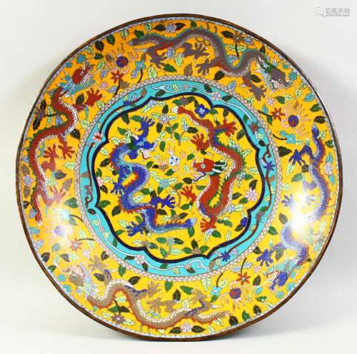 A LARGE CHINESE CLOISONNE CHARGER decorated with numerous dr...