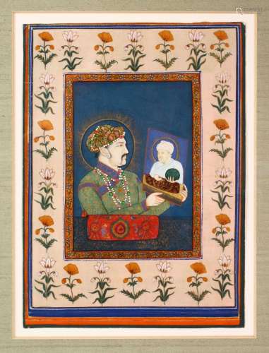 AN INDIAN PORTRAIT PAINTING OF JAHANGIR - depicted holding a...