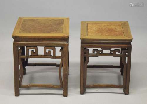 TWO GOOD CHINESE HARDWOOD SQUARE STANDS, each inset with a b...