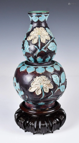 A Molded Fahua-Glazed Gourd Vase w/ Stand