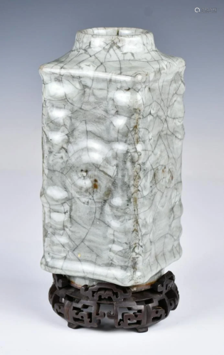 A Grey Crackle Glazed Cong Vase w/ Stand