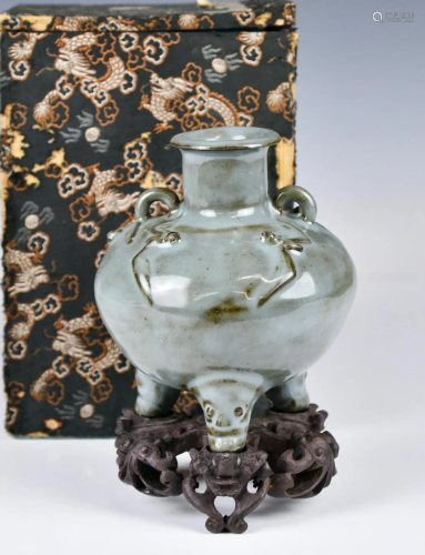 A Crackled Blue Glaze Tripod Vase w/Stand & Box