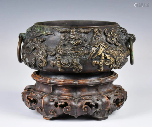 A Bronze Double-Ear Dragon Censer w/Stand