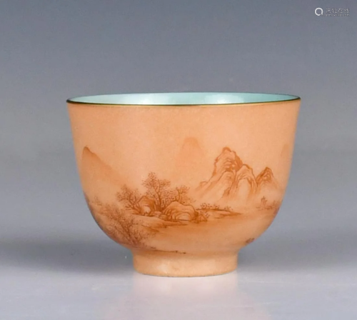 A Iron-Red Landscape Cup with Qianlong Mark