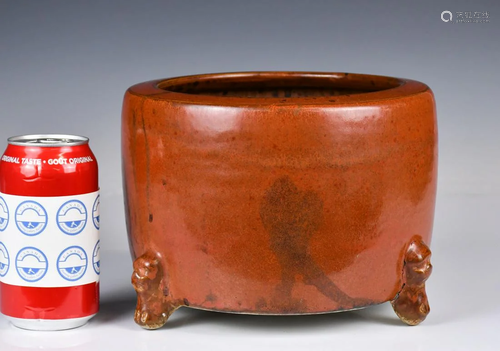 A Large Russet Glazed Tripod Censer, Qing