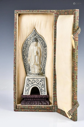 A Blue and White Buddha Figure w/Stand & Box