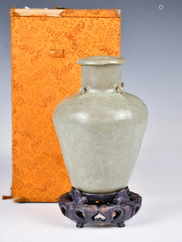 A Celadon-Glazed Bottle w/Stand & Box