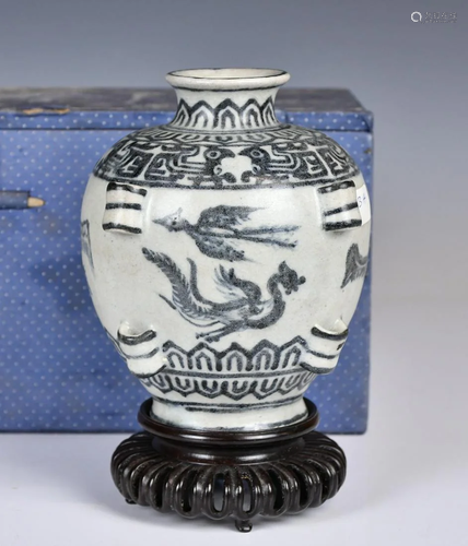 A Blue & White Phoenix Vase w/Stand & Box