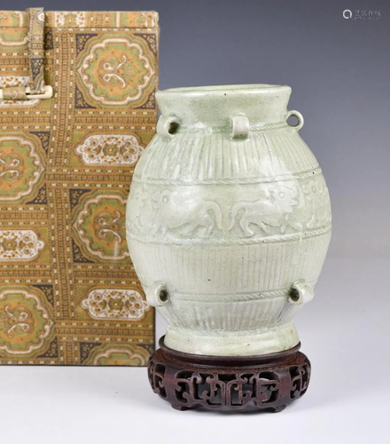 A Celadon-Glazed Jar w/ Stand & Box