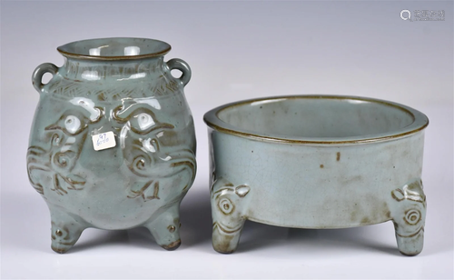 A Group of Two Blue Glazed Tripod Censers