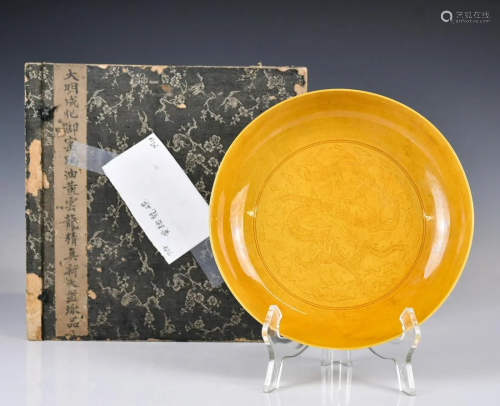 A Yellow-Glazed Dragon Plate Chenghua Mk w/Box