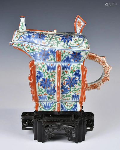 A Underglaze-Blue & Red Ewer Longqing Mk w/Stand