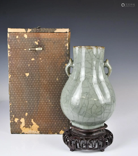 A Celadon Glaze Crackle Vase W/ Stand & Box