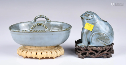 A Blue Glaze Toad & A Double-Fish Water Pot W/ Box