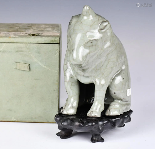 A Celadon Glaze Mythical Beast W/ Stand & Box