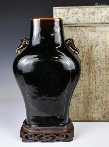 A Brown-Glazed Double-Ear Vase w/ Stand & Box