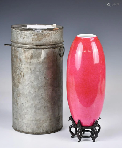 A Ruby-Red Glaze Vase w/ Stand & Box