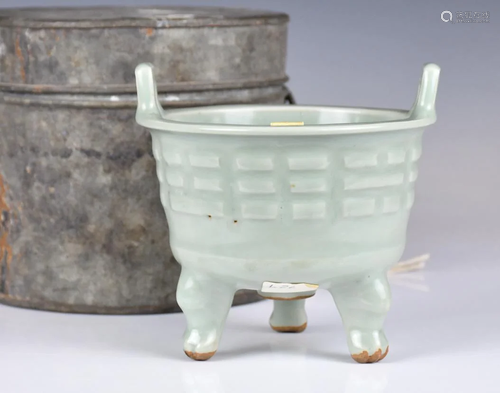 A Celadon-Glazed Tripod Censer w/ Box