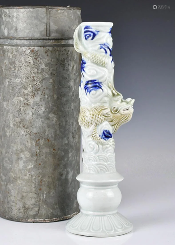 A Blue & White Dragon Candlestick W/ Box