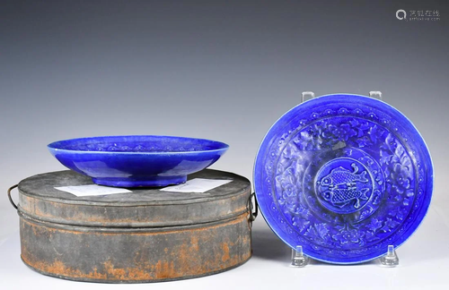 A Pair of Blue-Glazed Plates w/ Box