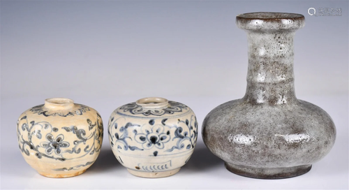 A Grey-Glazed Vase & Two Blue and White Jars