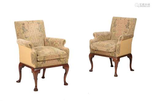 A PAIR OF MAHOGANY AND TAPESTRY STYLE UPHOLSTERED ARMCHAIRS ...
