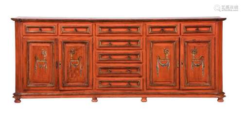 A RED JAPANNED AND PAINTED SIDE CABINET