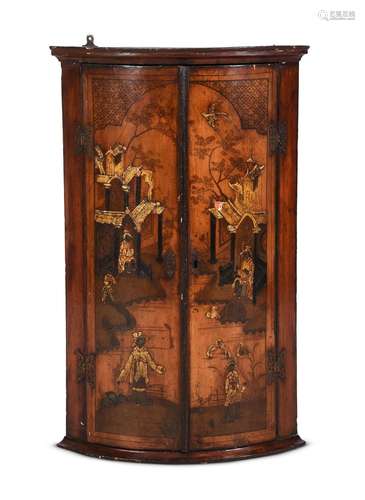 A BLACK JAPANNED BOWFRONT HANGING CORNER CABINET